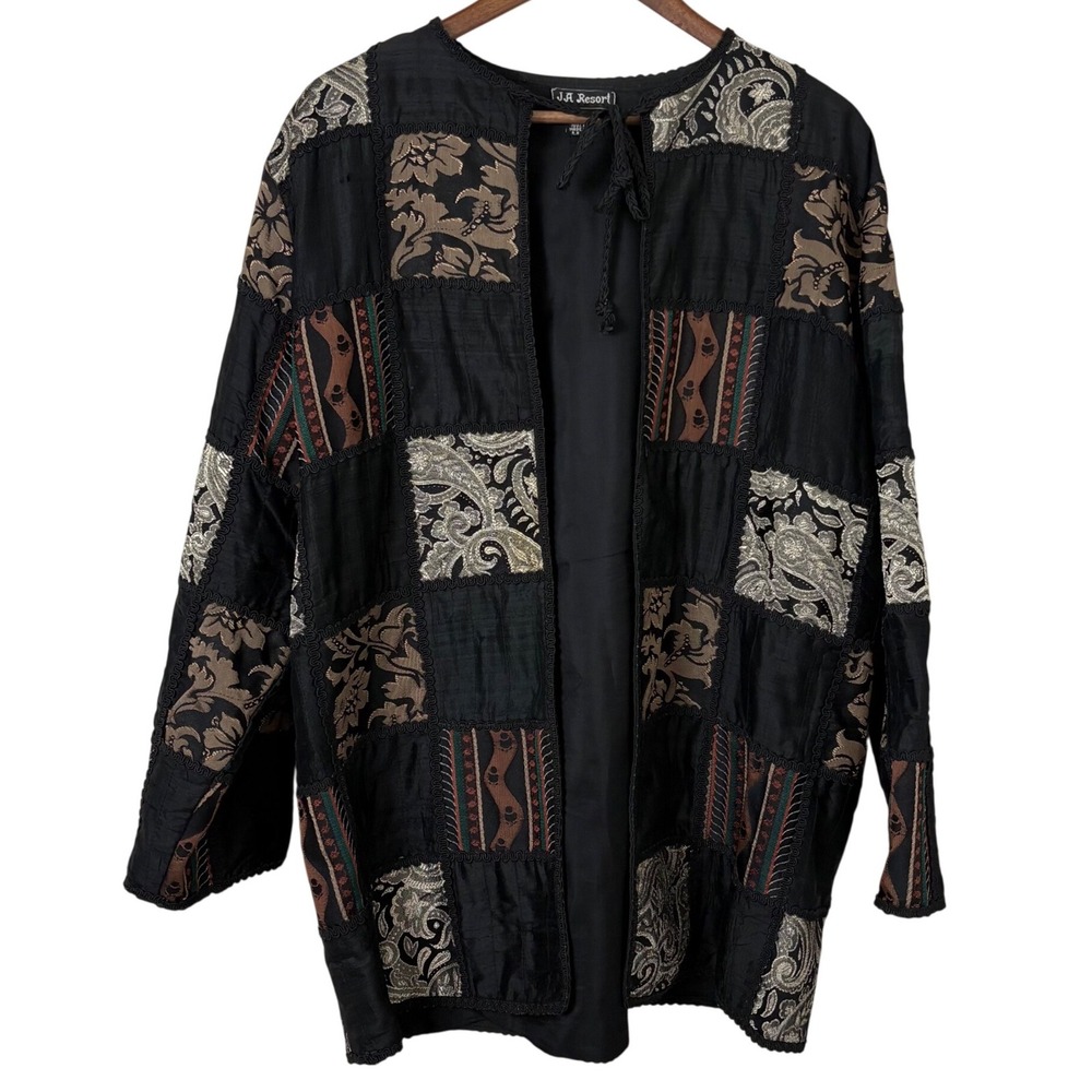 J.A. Resort Patchwork Jacket Cape Women M Black Silk Brocade Paisley Art To Wear